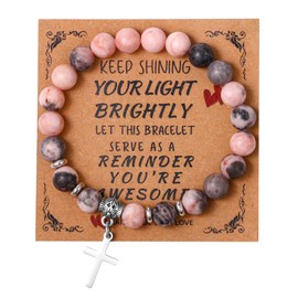 Flongo Cross Bead Bracelet for Women: Rosary Bead Bracelet Natural Stone with Cross Pendant Hand-Woven Adjustable Pink Bracelet Natural Stone Chakra Bracelet Meditation, Natural stone, stainless steel