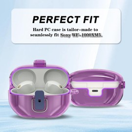 POZCIS - Funda para Sony WF-1000XM5, funda protectora de TPU suave transparente, solo compatible con Sony WF-1000XM5, funda para auriculares con mosquetón y accesorios de cordón (morado transparente)