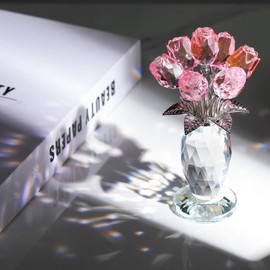 Movdyka Glass Rose Flower Pink Roses Bouquet Home Decor Crystal Gifts for Women Collectible Blown Glass Figurines Desk Ornaments Wedding Decor Valentines for Wife Mom