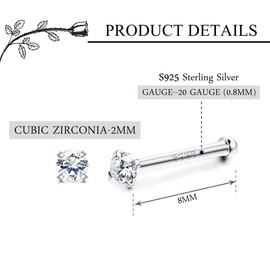 Sllaiss 4Pcs Sterling Silver Nose Rings Studs for Women Men Inlaid 1.5mm 2mm Austrian CZ Silver 20G Cartilage Piercing 925 Nose Piercing (2)