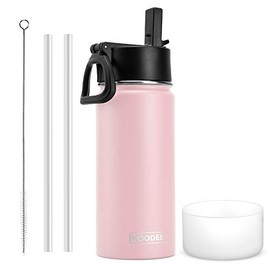 Koodee 16 oz Stainless Steel Water Bottle Double Wall Vacuum Insulated Thermos Kids Wide Mouth Flask with Leakproof Straw Lid (Light Pink)