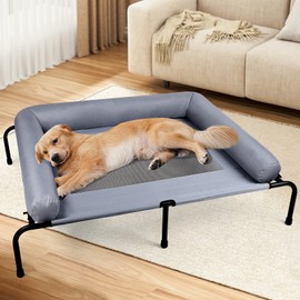 Large Elevated Dog Bed with Pillows, Outdoor Cooling Raised Pet Bed with Bolster, Indestructible Chew Proof Dog Cot with Breathable Teslin Mesh, Washable Durable Dogs Hammock for Large Indoor(L)