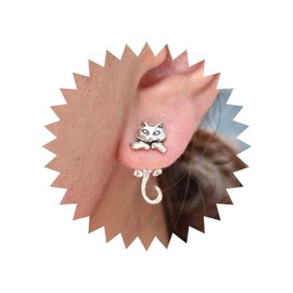 Yheakne Punk Cat Ear Jacket Earrings Silver Cat Earrings Cat Jacket Stud Earrings Cat Front Back Earrings Gothic Cat Animal Earrings Jewellery for Women, Zinc
