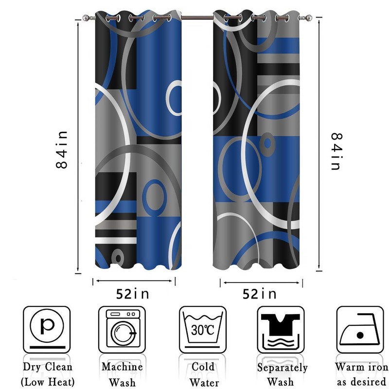 Blue and Black Blackout Curtains Geometric Line Plaid, 52x84 Inch