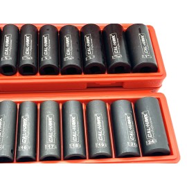 Cal-Hawk 22pc 1/2" Drive Deep Impact Socket Set SAE & Metric 6 Point Sockets w/ Case New