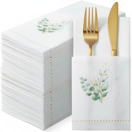 Janlaugh 100 Pack Christmas Golden Eucalyptus Linen Disposable Napkins with Silverware Pockets 16"x16" Festive Green Dinner Napkins for Holiday Party, Christmas Dinner, Xmas Wedding Family Gathering