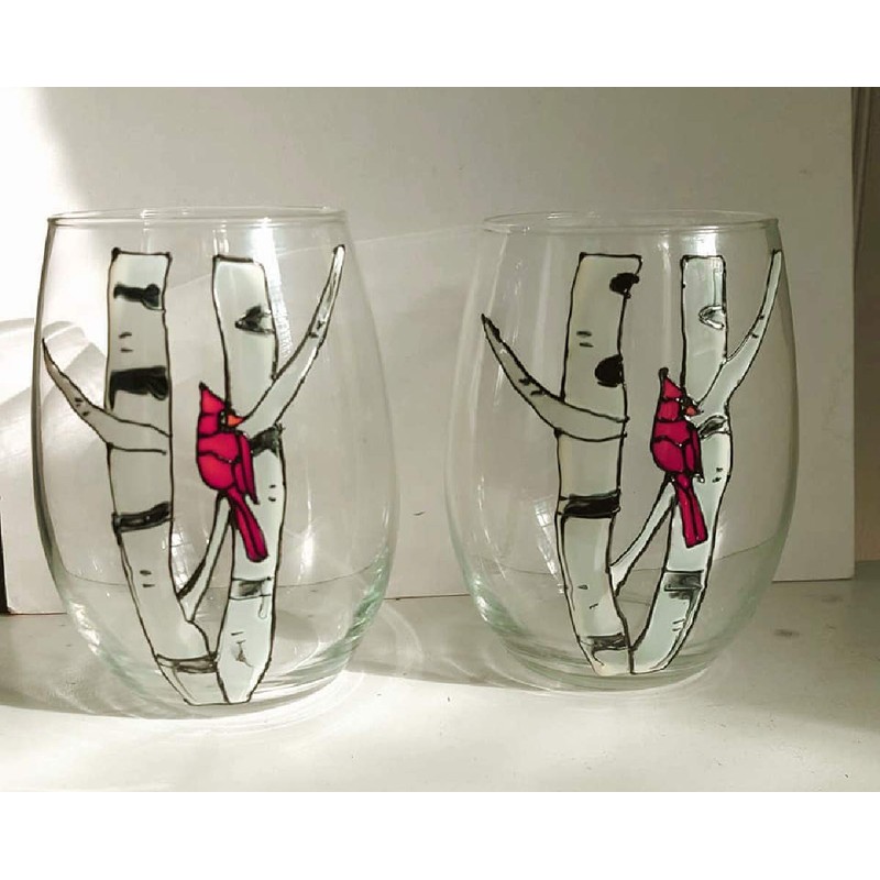 Red Cardinal Bird Birch Tree Hand Painted Stemless Wine Glasses