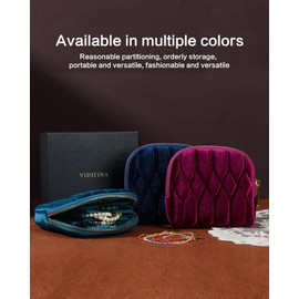 Vidifina Small Travel Jewelry Case, Mini Travel Jewelry Bag with Zipper, 5-Layer Velvet Organizer Pouch for Bracelet Rings Earrings - Diamond Stitched Velvet Teal Blue