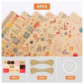 Simpeak Papel de Regalo Kraft 6 Hojas Papel de regalo Reciclado 70 * 50 cm con Cuerdas 20 m y Etiqueta, Papel Regalo Plegado Vintage para Fiesta Cumpleaños Aniversario Regalo de San Valentín