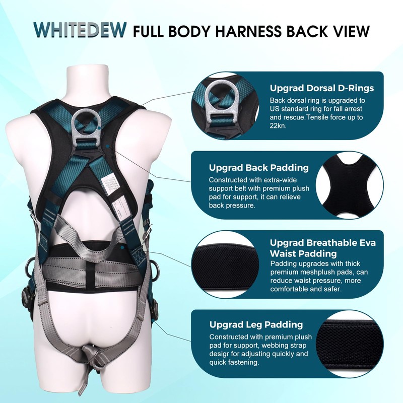 WHITEDEW Fall Protection Premium Safety Harness with Shock Absorbing Lanyard,