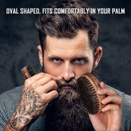 BFWood Boar Bristle Beard Brush - Black Wood Walnut Military Style, Men's Wooden Mustache Brush