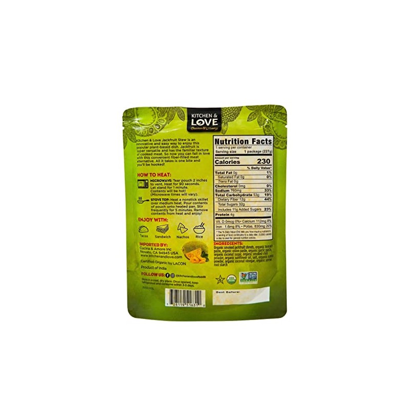 Kitchen & Love Organic Sweet BBQ Pulled Jackfruit, Non GMO,