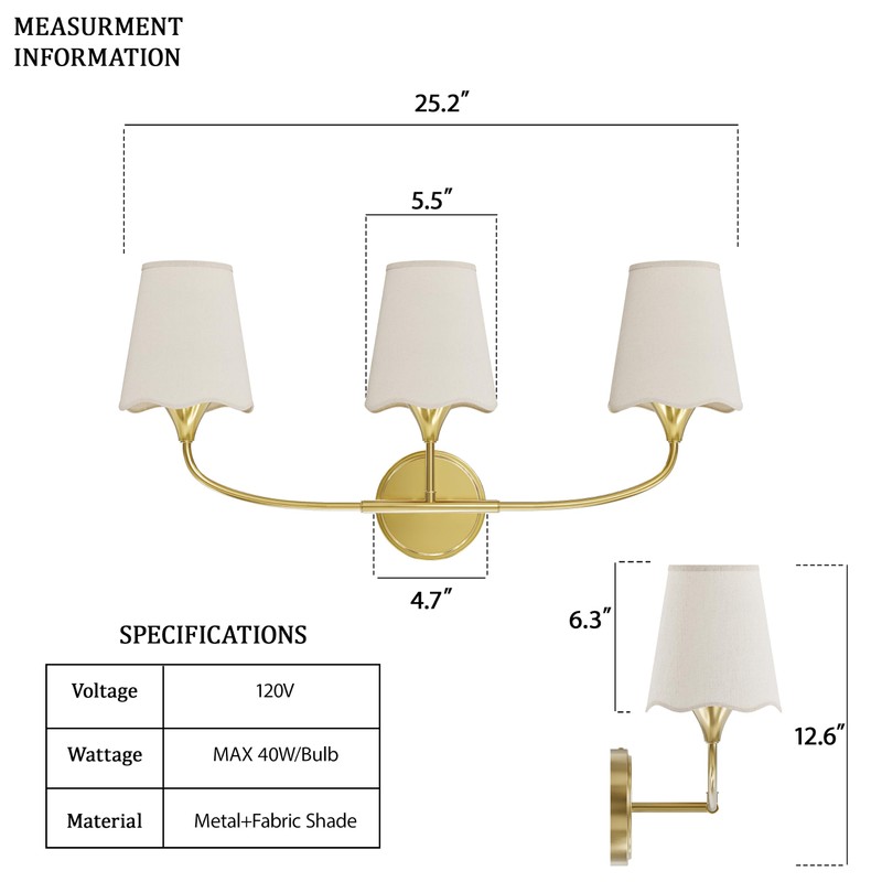 Morauroral Bathroom Light Fixtures, 3 Light Gold Vanity Light for