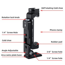 ARNARKOK Metal Phone Tripod Mount w 2 Cold Shoes, Vertical, Horizontal & 45 Tilt Angles Tripod Phone Holder Smartphone Holders Video Live Vlogging Streaming Rig