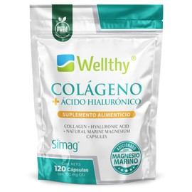 Wellthy Colágeno Hidrolizado + Ácido Hialurónico 120 Capsulas. 100% Natural, Colágeno Español, Reforzado con Magnesio Marino Francés SIMAG, VCaps Cápsulas Veganas, Bottle Free.