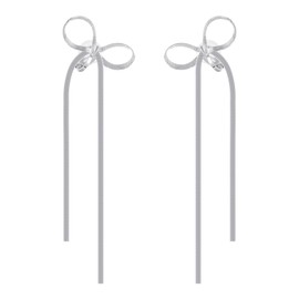 NVWAROCK Cilp-on Silver Bow Earrings Non Pierced Ribbon Bow Dangle Drop Tassel Statement Earring for Women 14K Real White Gold Plated Dangling Long chain Earrings