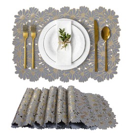 XINYUN Washable Placemats Set of 6 Gold Flower Place Mat Blue PVC Table Mats Non Slip Heat Resistant Wipeable Easy to Storage Placemats for Kitchen Garden Farmhouse Picnic Dining Table, Large