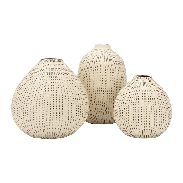 Creative Co-op DF0842 White Stoneware Textured Black Polka Dots (Set of 3 Sizes) Vase