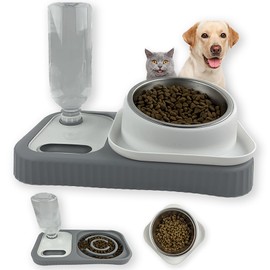 Cdycam Cat Dog Food and Water Bowl Set, Double Food Bowls with Automatic Gravity Water Bottle, Raised Slow Feeder, Detachable Stainless Steel Bowl, 15°Tilt Elevated No Spill Dispenser (Gray+White)