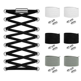 Widamin 6 Pairs of Round Elastic Shoelaces with Metal Capsule, Lazy Shoelaces Without Tying Children and Elderly, Black, White, Grey