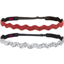 Hipsy Adjustable Non Slip Cute Fashion Bling Glitter Hair Headbands for Women Girls & Teens 2-Pack (Wave Silver & Ruby)