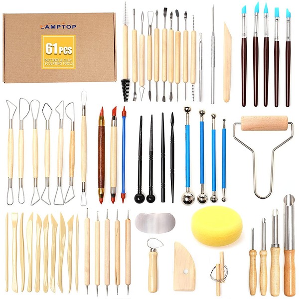 61 Piece Ceramic Clay Tools Set,LAMPTOP Polymer Clay Tools Pottery Tools Set, Wooden Pottery Sculpting Clay Cleaning Tool Set for Potters Beginners Professionals Arts Crafts