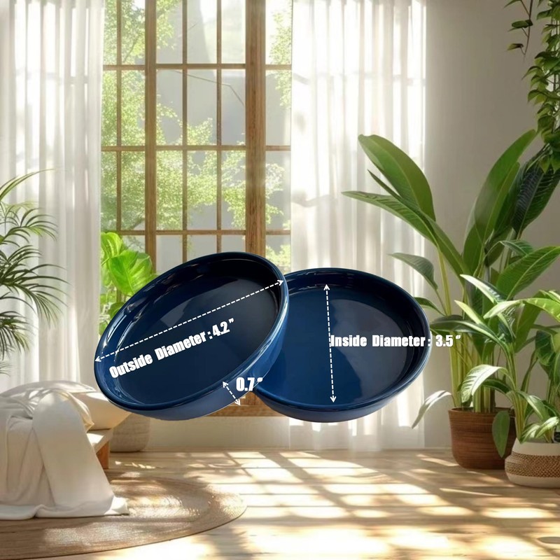 Plant Saucer Blue Ceramic Deep Pot Tray 2 Pack 3.5-4