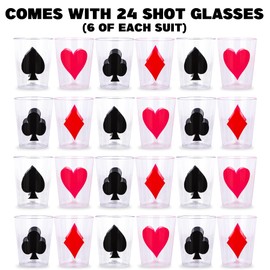 Casino Themed 1 Oz Plastic Shot Glasses - Set of 24 1 Oz Shot Cups - Durable Plastic Shot Glasses with Diamonds, Spades, Clubs, and Hearts Design - Casino Party Favors - Vegas Party Decorations