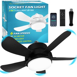 Socket Fan Light With Remote, Screw Ceiling Fans with Lights, 5 Reversible Blades, Quiet 6-Speed DC Motor, Dimmable Socket Fan for Garage Bathroom Kitchen, 6000 Kelvins As Seen On TV (White) (Black)