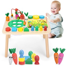 HEYLANDU Activity Table for 1+ Year Old Girls Boys, 7-in-1 Wooden Montessori Toys, Activity Center, Baby Toddler Sensory Toys Kids First Birthday Gift