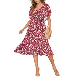 AUSELILY Women's Summer Empire Waist Dress Smocked Flutter Short Sleeve V Neck Midi Dresses 2025 New Little Red Flower S