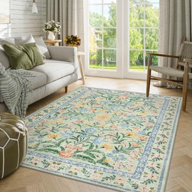 Morebes Washable 5x7 Area Rugs,Boho Pink Floral Rug Non Slip, Soft Vintage Bedroom Rugs Indoor Floor Throw Carpet for Living Room Office Playroom Kitchen Bathroom, Green/Multi