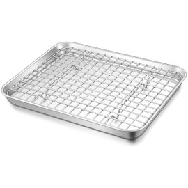 TeamFar Toaster Oven Pan with Cooling Rack Set, 10.5’’ x 8’’ x 1’’ Stainless Steel Compact Toaster Oven Small Baking Pan Tray with Mini Grid Rack, Non-Toxic & Heavy-Duty, Dishwasher & Oven Safe