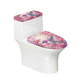 KUIFORTI Pink Flowers Toilet Seat Lid Cover Set of 2 Pcs,Hummingbird Floral Print Toilet Tank Lid Cover Protective Set for Bathroom Decorations,Fits Most Toilet Tanks