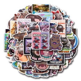 50PCS Funny Star Hippo Moo Deng Stickers, Moo Deng The Hippo Vinyl Stickers for Water Bottle Laptop Skateboard Luggage Cars Bumper Kids, Trendy Cute Stickers for Kids Teens Adults (Black)