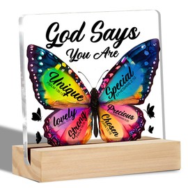Inspirational Christian Gift for Women Daughter Sister Friends, Religious Gifts Butterfly Clear Desk Sign God Says You Are Acrylic Sign Keepsake