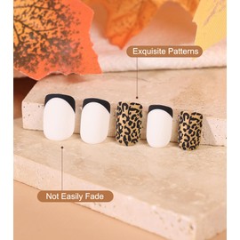 Kikmoya 24Pcs Fall Press on Nails Short Square White Fake Nails with Leopard Print Designs Acrylic Glossy False Nails Autumn Nails Full Cover Stick on Nails for Women (White and Leopard Print)