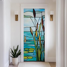 LiveInUrban Self Adhesive Faux Stained Glass Effect Door Mural, Leather Effect Textured Vinyl Peel and Stick Door Decals Sticker for Bedroom Living Room Home Decor,Lake and Reed, 15.19"X78.74"X2PCS