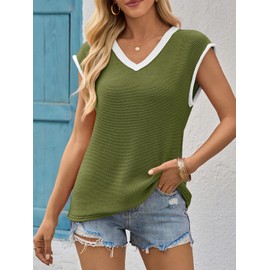 Imily Bela Summer Cap Sleeve Sweater Vest for Women Casual V Neck Sleeveless Knit Pullover Tank Tops 2025 Spring Shirts Army Green