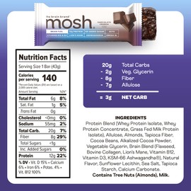MOSH Dark Chocolate Crunch Protein Bars, 12g Grass-Fed Protein, Keto Snack, Gluten-Free, No Added Sugar, Lion's Mane, B12 Vitamins, Supports Brain Health, Workout Recovery, Breakfast To-Go (12 Bars)