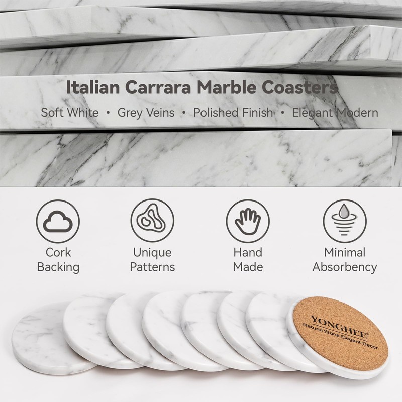 YONGHEE Soft White Marble Coasters Set of 8, Modern Elegant