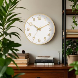 Mosewa Wall Clock 8 Inch, Battery Operated Silent Non-Ticking Modern Analog Clock Decorative for Kitchen, Bedroom, Office, Living Room(White Gold)