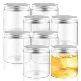 BOSMIOW 8Pcs 500ml/17oz Round Clear Plastic Jars with Aluminium Lids,Empty Food Storage Jars,Large Size Cosmetic Containers for Face Cream,Essential Oil,Hair Conditioner,Slime,Dried Fruit,Nuts