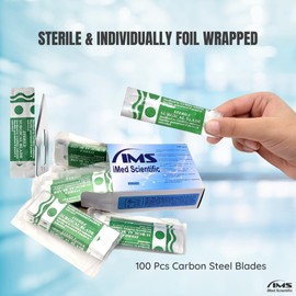 Box of 100 Carbon Steel Sterile Blades #11 + Stainless Steel Scalpel Handle #3 with Graduated Scale + Blade Remover, All in One Set for Dental, Surgical, Medical Lab, Veterinary Use, Make Sharp Cuts