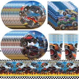 Truck Birthday Party Decorations Truck Party Tableware Birthday Party Decorations Truck Party Supplies Truck Decoration including Plate, Cup, Napkin, Tablecloth Perfect for Birthdays Party 51pcs