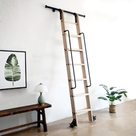 104RDHOUSE 6.6FT Hook on Sliding Library Ladder Hardware Kit,Telescoping Upper Hook,Bottom Brake Roller, Rustic Black Finish(No Ladder)