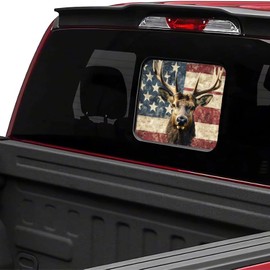 Deer American FlagTruck Back Middle Window Sticker Graphics Perforated Window Vinyl Decal Rear Middle Window Vinyl Wrap,Car Decoration Decals for Trucks,14.1" W X 11.8" H (Deer)