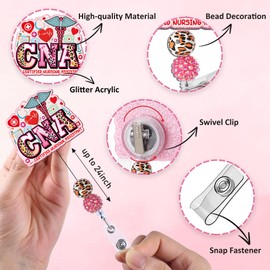 Obookey CNA Badge Reel Retractable - Pink Certified Nursing Assistant Badge Reel with Alligator Clip Beads, Acrylic ID Badge Holder for Hospital Worker Nurses, CNA Nursing Gifts Work Accessories
