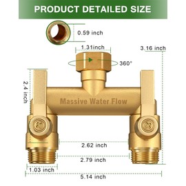 Hose Splitter 2 Way Heavy Duty, Solid Brass Full Flow Outdoor Faucet and Garden Hose Splitters, Water Spigot Splitter T Adapter, All Metal Water Connector with Shut-Off Valve, 3/4 - Inch GHT Thread