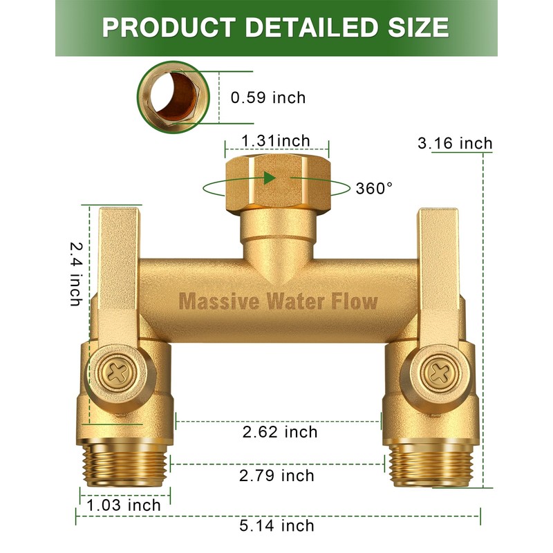 Hose Splitter 2 Way Heavy Duty, Solid Brass Full Flow